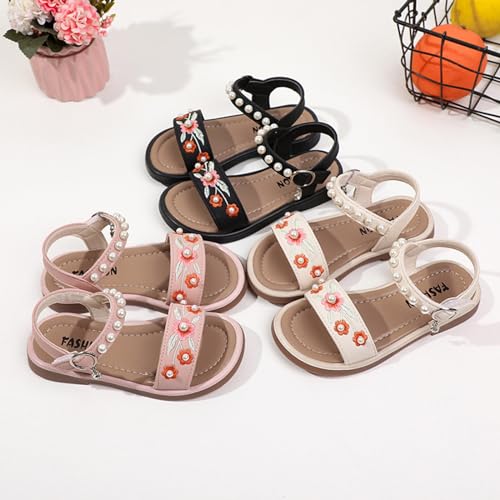 Girls Dress Sandals Kids Floral Embroidered Open Toe School Casual Pearls Ankle Strap Flat Sandal Flower Girl Shoes2