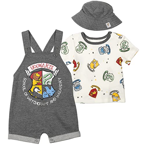 Image of Harry Potter Hermione Hedwig Ron Weasley Baby French Terry Short Overalls T-Shirt & Hat 3 Piece Outfit Newborn to Infant