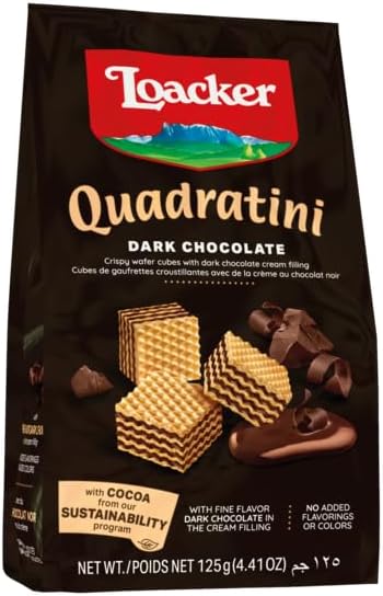 Loacker - Quadratini Dark Chocolate - Cinque Strati di Cialde di Wafer e Quattro di Crema al Cioccolato Fondente - Merenda e Snack - Formato Convenienza - 12 Sacchettini Richiudibili