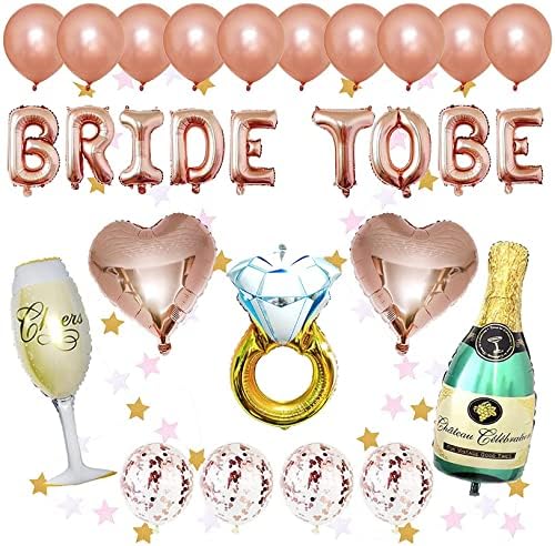 28pcs Rose Gold Bridal Shower Supplies, Bride To Be Balloon Banner, Ring, Champagne Bottle, Cheers Glass, Rose Gold Balloon Heart Shape Decorations Bridal Shower Bachelorette Party Decor