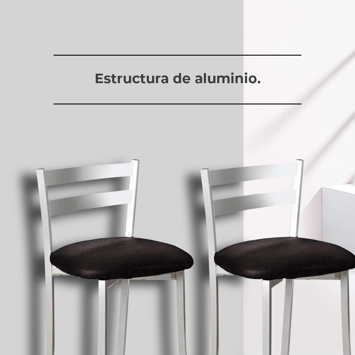 ASTIMESA Dos Taburetes de Cocina con Respaldo Franjas Metal Polipiel Negro, Altura de Asiento: 45 cm