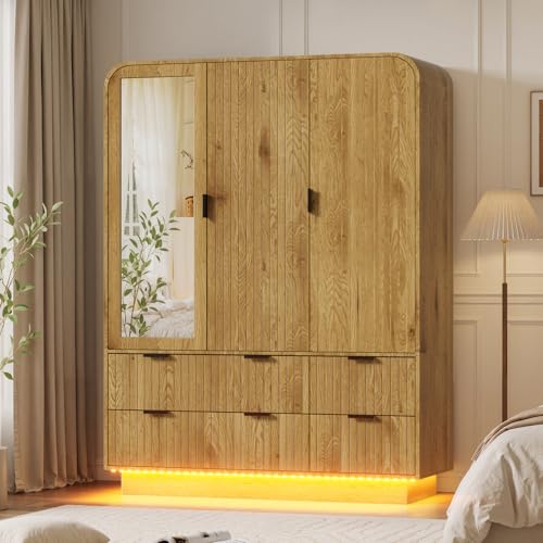 3-Door Wardrobe with Mirror LED Lights Shelves