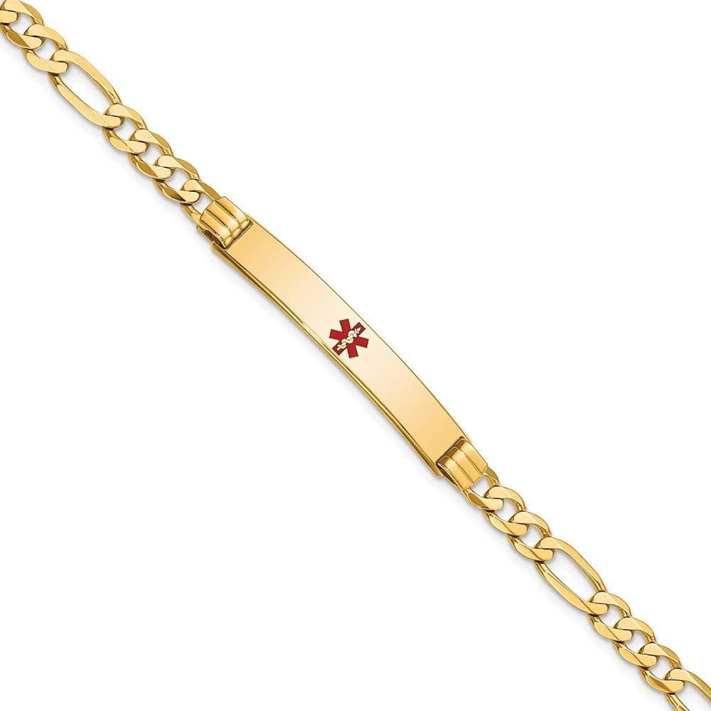 Engravable Personalized Custom 14K Yellow Gold Medical Red Enamel Flat Figaro Link ID Bracelet For Men or Women Length 8 inches Width 6.5 mm