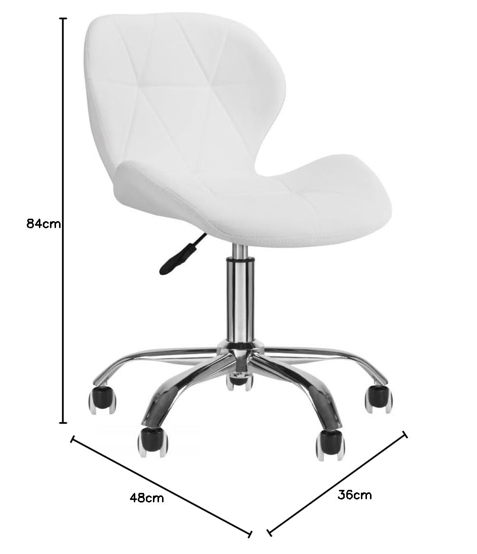 Sedia Comfort Ecopelle, Senza Braccioli, a Rotelle Girevole con Ruote in Gomma, Imbottita, Moderna, da Camera da Letto, Studio o Centro Estetico, Acciaio, Altezza Regolabile, Bianca