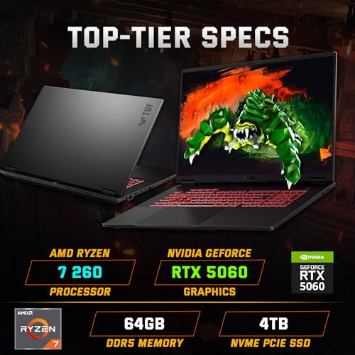 Image of ASUS TUF A18 18 inch WUXGA 144Hz Gaming Laptop, AMD Ryzen 7 260, NVIDIA GeForce RTX 5060 8GB GDDR7, 64GB DDR5, 5TB Storage(4TB SSD&1TB Docking), Backlit Keyboard, Copilot, Wi-Fi 6E, Win 11 Pro, Gray