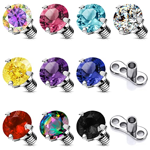 BodyAce 14G 10-12Pcs Surgical Steel Dermal Anchor Tops Internally Threaded Dermal Piercing Jewelry Base Cubic Zircon Implant Skin Piercing Kits [4mm Dermal Tops]