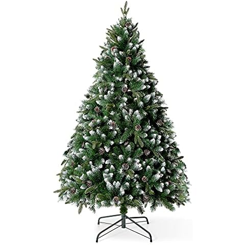 5FT Glacier Snowy Christmas Tree with Frosted Real Pinecones Snow Flocked Artificial Tree Cover