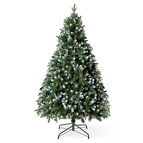 VeryMerry Árvore de Natal com neve de 5 pés com pinhas geadas reais, suporte de metal dobrável, árvore artificial flocada de neve em PVC e pontas de polietileno