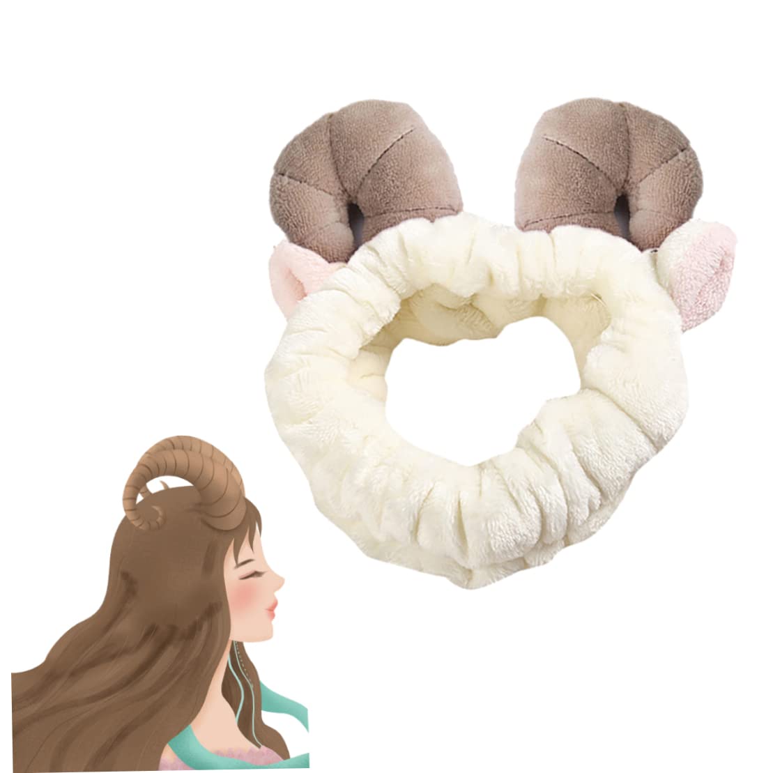 1PC Soft Flannel Headbands Cute Sheep Horn Elastic Hair Band Ultra Soft Hairlace Cosmetic Beauty Tool For Washing Face Shower Spa Facial Mask Skin Care(White) image 4