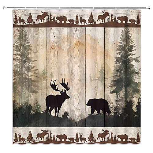 GIXKOXE Rustic Cabin Shower Curtain Bear Deer Forest Print Country Farmhouse Wooden Board Retro Lodge Hunting Camping Bathroom Decor Curtains Polyester with Hooks