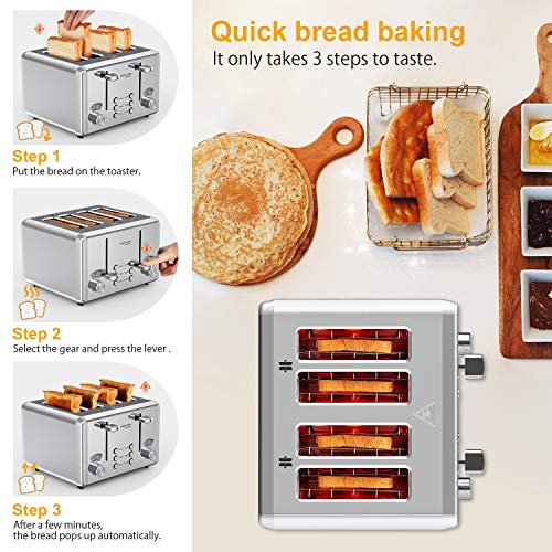 whall WHALL Toaster 4 Slice Stainless Steel,Toaster-6 Bread Shade Settings,Bagel/Defrost/Cancel Function with Dual Control Panels,Extra Wide Slots,Removable Crumb Tray,1500W,Silver(KST023GU) - Image 4