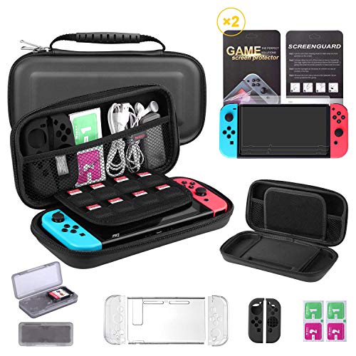 Switch Accessories Kit, SUPRBIRD Nintendo Switch Case, Protective Case Cover, Tempered Screen Protector, Gaming Card Case and Silicone Joy-Con Gel Guards/Thumb Grips Caps