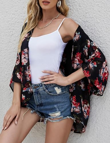 Image of Chunoy Women Floral Beach Wear Cover Up Chiffon Kimono Cardigan Open Front Blouse Top