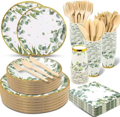 350 Pcs Sage Green Party Plates and Cups Sets,Disposable Paper