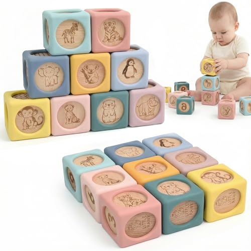 Little Rawr 9 Pcs Baby Silicone & Wooden Stacking Blocks Food-Grade Silicone Baby Toy with Natural Wood Inserts Soft Chewable Montessori Blocks for Toddlers Animal Learning Toy