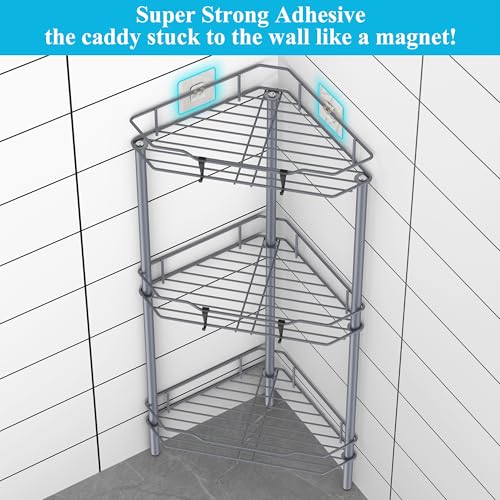 Image of HuggieGems 3 Tier Floor Standing Corner Shower Caddy Organizer Shelf with Hooks, Bathroom Shelves Stand Rack, Dark Gray