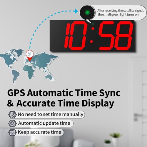 CHKOSDA 18.7'' Automic Digital Wall Clock, LED Wall Clock with Large Display, Multi-Function Clock with Alarm and Timer, Auto Time Sync Digital Clock with Adjustable Brigthness(Red) by CHKOSDA - Image 3
