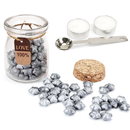 Sealing Wax Beads Set, Yoption 120 Pieces Silver Star Shape Seal Wax Kit with 1 Wax Melting Spoon and 2 Candles for Wax Seal Stamp (Silver)
