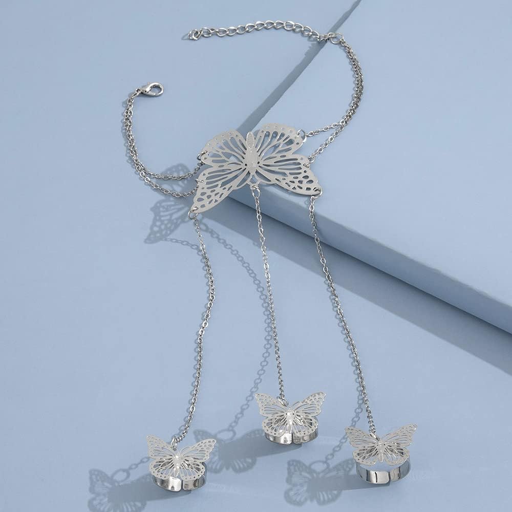 Xerling Silver Butterfly Finger Ring Bracelets Women Boho Ring Bracelets Hand Chain for Link Chain Hand Jewelry for Women - Image 4