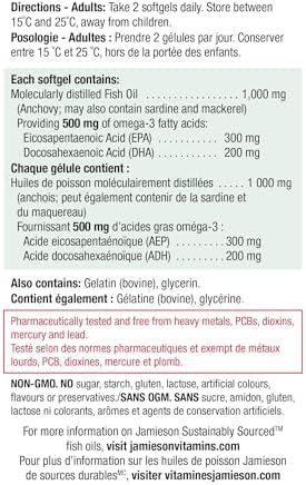 Jamieson Omega-3 Select 1,000 mg, Improves Heart Health, Supports Brain Health, and Reduces Inflammation. With 300 mg EPA and 200 mg DHA, Non-GMO, Gluten-Free, 200 Softgels - 4