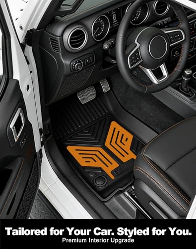 Image of Premium Color TPE Floor Mats for Jeep Wrangler JL 2018-2026 4 Door Gas /MHEV Type (Not Fit for JK or PHEV) | Desert Amber Wing Design | All-Weather Car Floor Liners Full Set 1st & 2nd Row Mats