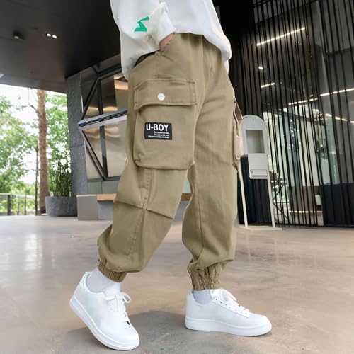 Boys Cargo Pants Casual Elastic Waist Pull On Trouser with Multi Pockets Comfy Lounge School Pants for Boys 3-15Years2