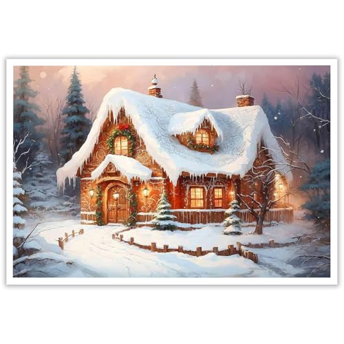 Vintage canvas wall painting Christmas gingerbread house art print Holiday
