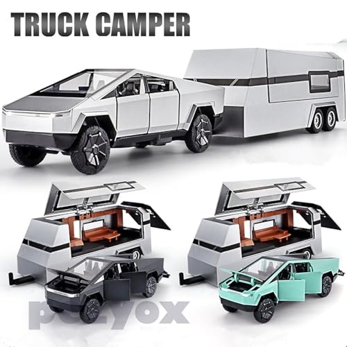 Image of 1:32 Scale Die-Cast CyberrTruck Pick-Up Trailer with 6 Openable Doors Pull Back Action,Lights & Music (Emerald Green)