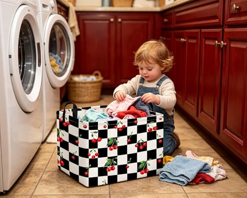 Image of Rectangular Cherry baskets,Racing flag basket,Kids Storage Bins,Waterproof Collapsible Storage Bin,Toy Storage Bin,Cute Organizer Box,Book baskets,Girl room Decor(Cherry)