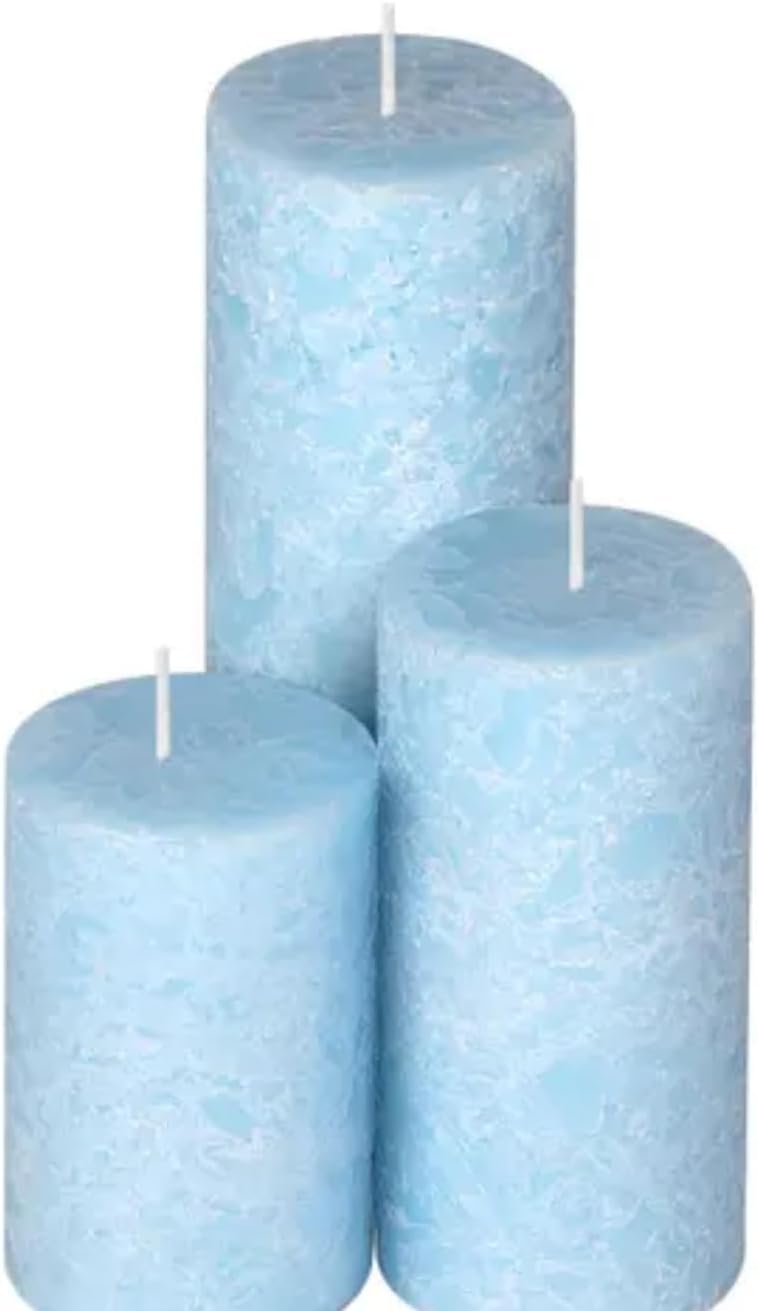 Decorative Pillar Candles Set of 3, Light Blue, Mottled Texture, Various Sizes
