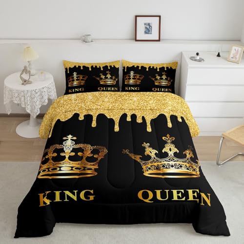 Image of Feelyou Kids Full Gold Crown King & Queen Bedding Set Mr Mrs Comforter Lover Couple Comforter Set for Couple Man Woman His and Hers Duvet Set Couple Wedding Room Decor with 2 Pillow Case