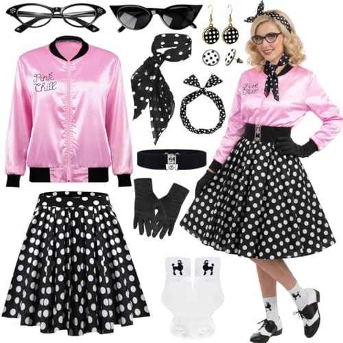 VillbeCoser 1950s Polka Dot Pink Satin Jacket Set with Accessories Vintage-Inspired 50s Style Skirt Halloween Cosplay BlackDots-M