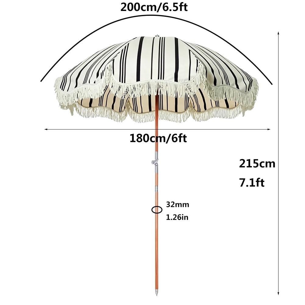 200 cm Parasol Plażowy w Paski z Frędzlami, Boho Składany Parasol Ogrodowy z Drewnianym Trzonkiem z Filtrem UPF 50+ do Basenu, Ogrodu
