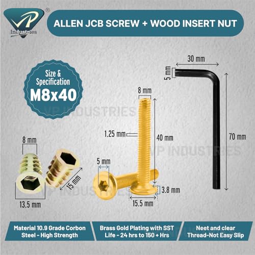 Image of Rely⇒VP INDUSTRIES (Combo Set -10 Pcs) M8x40 mm Allen JCB Screw with M8x15 mm Internal Thread Wood Insert D-Nut With Allen Key 1 Pc | Fastener for Joining Wood Boards, Cabinets, Cupboards, & Beds