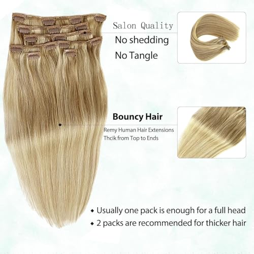 Image of Clip in Hair Extension Human Hair Balayage Blonde Mixed Bleach Blonde Real Hair Extensions Clip in Human Hair Extensions Real Human Hair 16 Inch for Full Head 7 Pieces 70 Gram