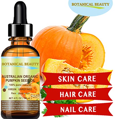 Botanical Beauty Organic Pumpkin Seed Oil Australian. 100% Pure / Natural / Undiluted /Unrefined Cold Pressed Carrier Oil. 4 Fl.oz.- 120 Ml. For Skin, Hair, Lip And Nail Care. "One Of The Richest Sources Of Enzymes, Fatty Acids, Iron, Zinc, Vitamins A, C, E And K". #TOP2