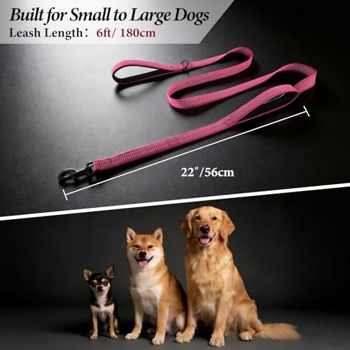 APakBak Double Handle Dog Leash 6 FT Reflective 2 Handle Traffic Lead with Padded Grip, Heavy Duty Nylon Leash for Walking Training, for Small Medium Large Dogs, Pink — view 6