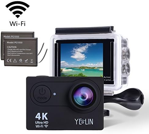 YELIN Action Camera 4K WiFi Waterproof Sport Camera HD 12MP Camcorder 170 Degree Lens with 2-inch LCD Screen 2 Rechargeable Li-ion Batteries Mounting Accessory Kits (Black)