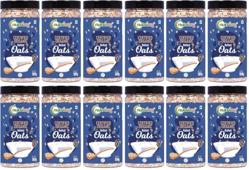 Image of NutriOrg Rolled Oats 3kg (Pack of 12 * 500) | Organic & Gluten Free | High Protein & Fibre Rich | Easy to Cook | Fitness Management