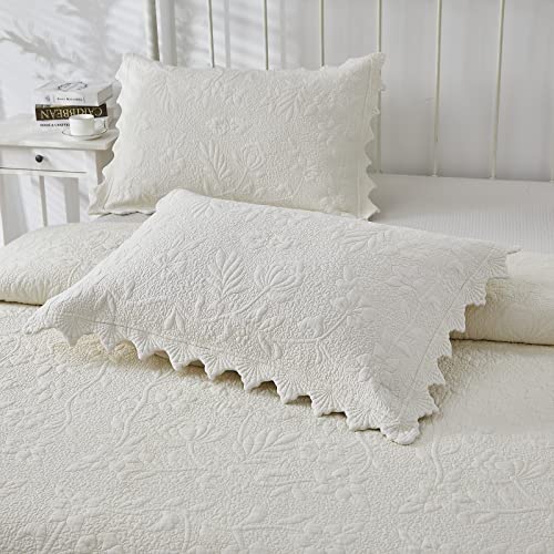 Brandream Cream White Quilts Set Queen Size Bedspreads Farmhouse Comforter Set Matelasse Scalloped Quilt Bedding Set #TOP7