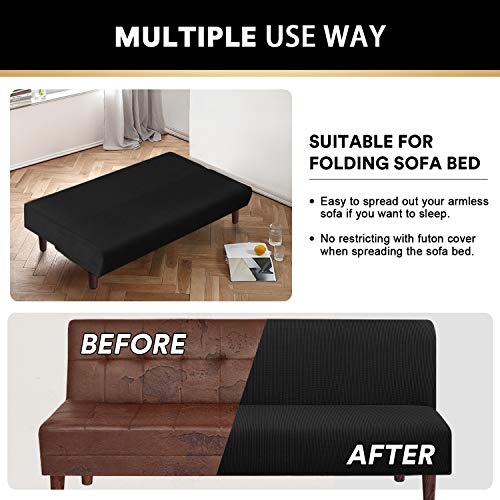 Stretch Armless Futon Cover Futon Slipcover Full Queen Size Futon Couch Cover Futon Sofa Cover Futon Bed Cover Furniture Protector With Elastic Bottom, Checked Pattern Jacquard (Futon, Black) #TOP3