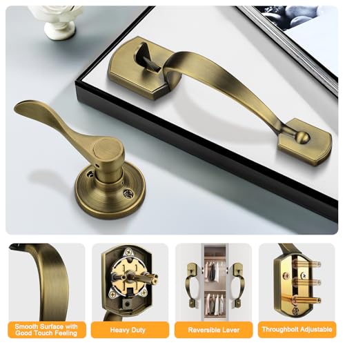 Image of Probrico Antique Brass Front Door Handle, Heavy Duty Entry Door Handle with Interior Reversible Handed Lever, Lock Grip Handle with Wave Lever Keyless Door Locks, 1Pack