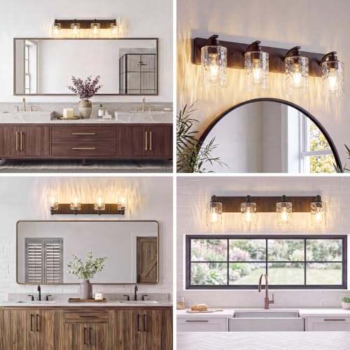 Image of 4-Light Bathroom Light Fixtures Modern ORB Vanity Lights | Easy to Install Clear Hammered Glass Shades, Rippled Glow, Wall Mount Up or Down, E26 Socket, Hardwired, 120V