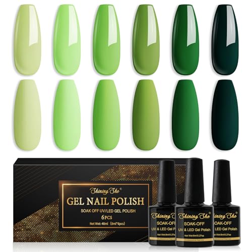 Shining She Vernis Semi Permanent Vert, 6 Couleurs Cyan Vert Tendre Vert foncé Gel UV Semi Permanent Soak Off UV/LED Vernis à Ongles Pour Salon De Manucure DIY Home, 8ml