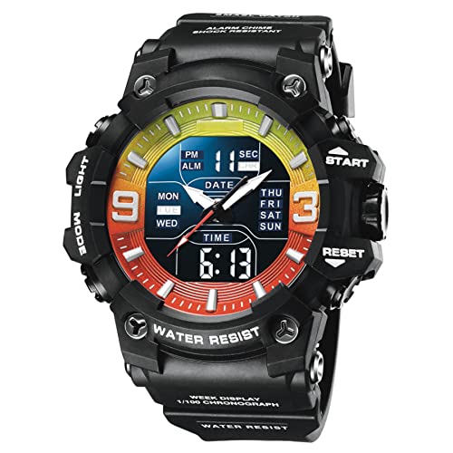 Yuxier Reloj de pulsera para hombre, para deportes al aire libre, resistente al agua, digital, táctico, cronógrafo, correa de resina, analógico, cuarzo, LED, esfera redonda grande, cronómetro para