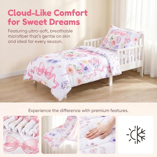 Image of Pea Pod Floral Toddler Bedding Set for Girls, 4 Piece Bed-in-a-Bag Toddler Comforter Sets Cute Bowknot Princess Crib Bed Set | Include Quilt Comforter, Flat Sheet, Fitted Sheet, Pillowcase, Super Soft