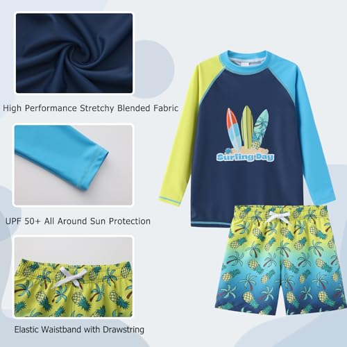 Image of Boys Two Piece Rash Guard Swimsuits Set with Swim Trunk Kids Long Sleeve Bathing Suit Swimwear Set