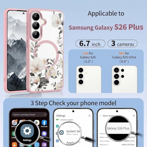 Image of VONZEE Compatible with Samsung Galaxy S26 5G Case Luxury Retro Flowers Floral Clear for Magnetic Wireless Charging Case Shockproof PC+TPU Cute Glossy Shiny Cover for Girls Women, Pink