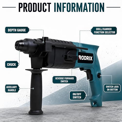 Image of RODRIX RD20 Rotary Hammer Drill Machine, 900W Copper Motor, 20mm SDS Plus Chuck, 3900 BPM, 850 RPM, 1.5J Impact Energy, 2 Modes, Forward & Reverse, 6 Months Warranty