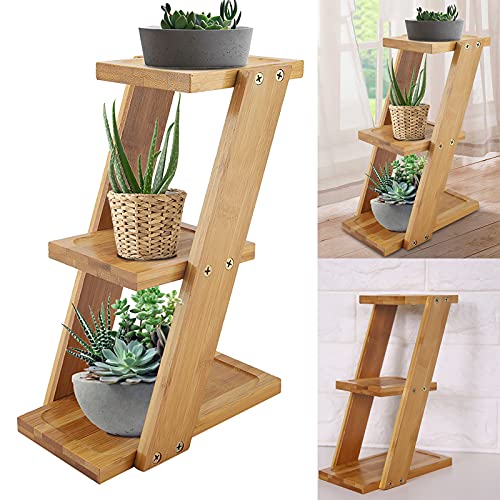 SOONHUA Mini Support de Fleur de Plante de Bambou Étagère à Échelle à 3 Niveaux Étagère à Pot de Fleur Étagère de Rangement Support D'étagère pour Une Décoration Intérieure Et Extérieure